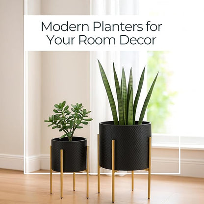 Decorative Flower Pots with Metal Stand for Home Decor - Modern Planters for Hallway, Entryway, and Living Room Decor - Indoor and Outdoor Pots for Plants - Set of 2, 23", 19", Black & Gold