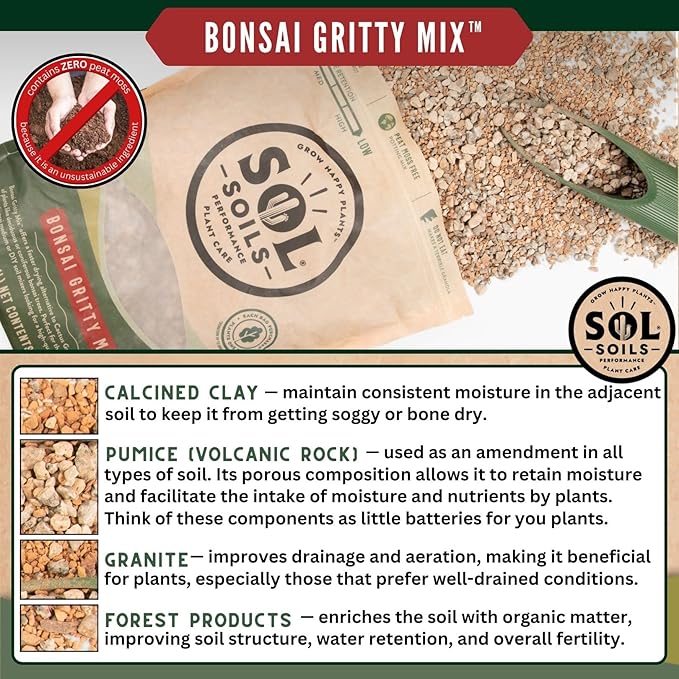 Sol Soils Gritty Bonsai Soil Potting Mix - Fast Draining and Peat Moss Free with Pine Bark, Granite, Pumice, & Calcined Clay for Indoor and Outdoor Plants - 1 Quart