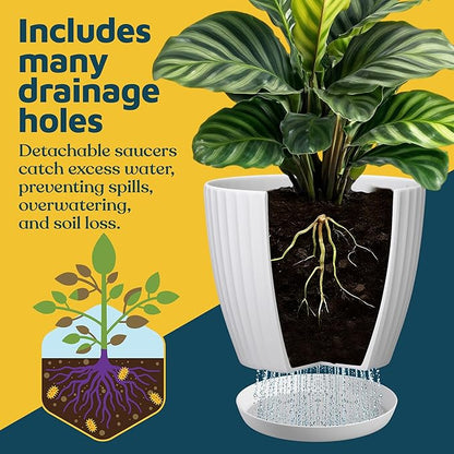 White 6-Inch Plant Pots with Drainage & Saucers 6 Pack, Indoor & Outdoor Planters for Houseplants, Herbs, and Flowers, Durable & Weatherproof Material, Stackable, Lightweight, Minimalist Design
