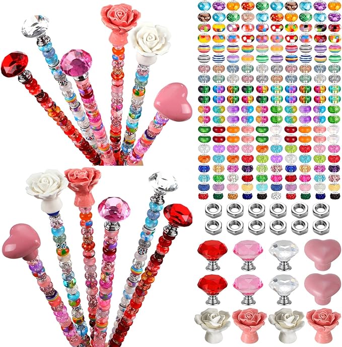 Tigeen 236 Pcs Garden Stake DIY Fairy Wand Plant Stake with 12 Colorful Crystal Stopper Top 12 Threaded Rod with 200 Large Hole Bead for Spring Summer Holiday Outdoor Decorations(Ceramic Rose Heart)