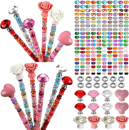 Tigeen 236 Pcs Garden Stake DIY Fairy Wand Plant Stake with 12 Colorful Crystal Stopper Top 12 Threaded Rod with 200 Large Hole Bead for Spring Summer Holiday Outdoor Decorations(Ceramic Rose Heart)
