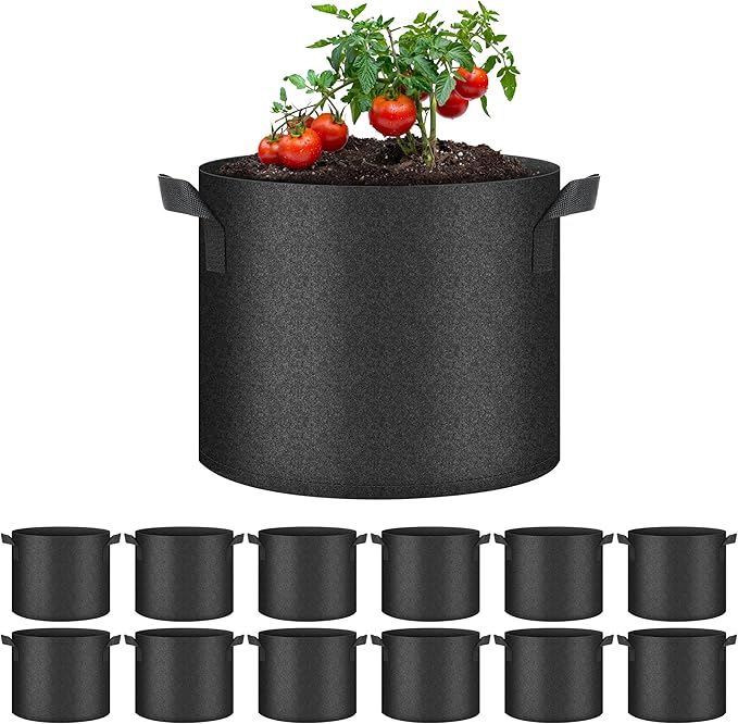 HealSmart 12-Pack 5 Gallon Grow Bags, Nonwoven Aeration Fabric Pots with Handles, Cloth Plant Pots, Suitable for Garden Fruits, Vegetables, Tomato and Flowers, Black
