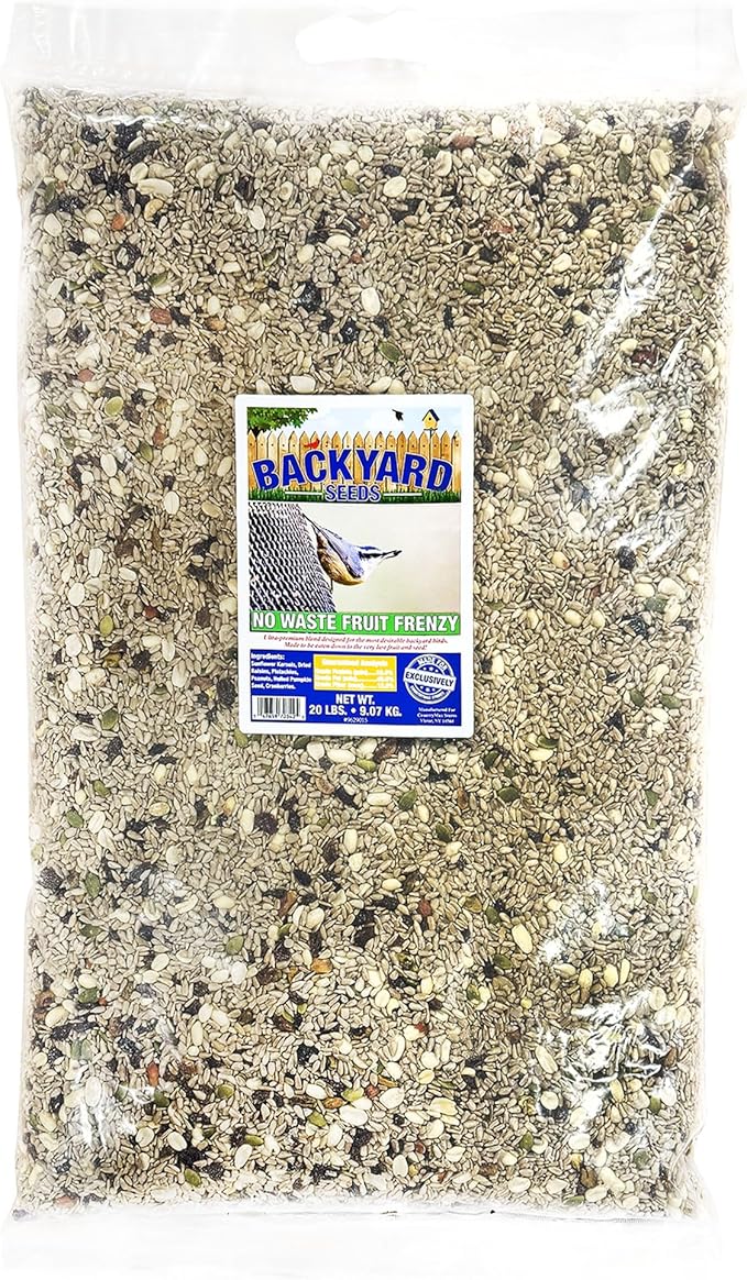 Backyard Seeds Fruit Frenzy No-Waste Bird Seed Mix 20lbs - Premium Blend with Pumpkin Seeds, Cranberries & Pistachios, Small Bag of Wild Bird Food