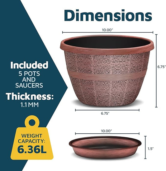 10-Inch Whiskey Barrel Planters Outdoor Pack of 5 - Durable Plastic Plant Pots for Indoor & Outdoor Use with Drainage & Saucer, Lightweight Rustic Barrel Planters for Flowers, Herbs & Small Plants