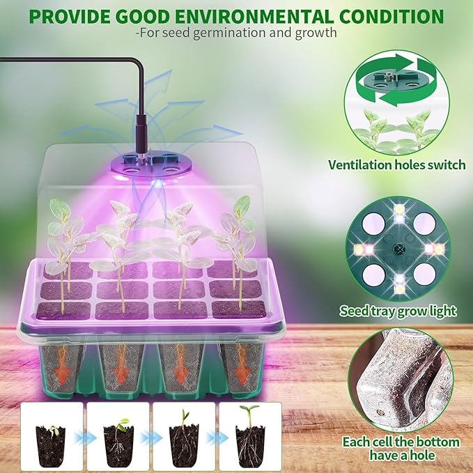 Seed Starter Tray with Plant Light, 4 Pack Grow Lights for Seed Starting Kit with Humidity Domes, Timing Controller Adjustable Brightness for Greenhouse Propagator Station Planting Growing