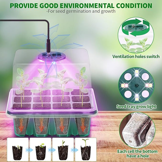 Seed Starter Tray with Plant Light, 4 Pack Grow Lights for Seed Starting Kit with Humidity Domes, Timing Controller Adjustable Brightness for Greenhouse Propagator Station Planting Growing