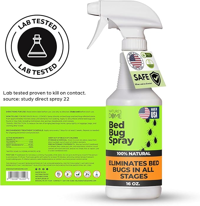 Nature's Dome Bed Bug Spray – 100% Kill Rate, 16 OZ Natural Bed Bug & Mite Killer, Destroys Eggs, Kills Resistant Strains, Long-Lasting Protection, Safe for Home Use