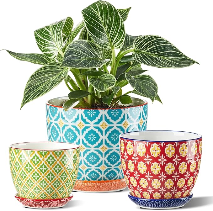 Ceramic Plant Pots, 3.8+4.9+5.8 Inch, Set of 3 Flower Pots with Drainage Hole & Saucer, Trio Planter Pots Set for House Plants, Home Decor, Vibrant Colors
