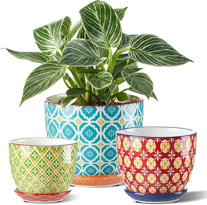 Ceramic Plant Pots, 3.8+4.9+5.8 Inch, Set of 3 Flower Pots with Drainage Hole & Saucer, Trio Planter Pots Set for House Plants, Home Decor, Vibrant Colors