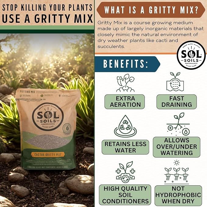 Sol Soils Gritty Cactus Soil Potting Mix - Fast Draining and Peat Moss Free with Coconut Husk Chips, Granite, Calcined Clay & Pumice for Indoor and Outdoor Plants - 1 Gallon