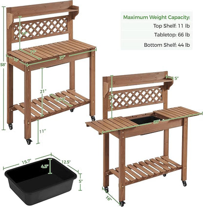 Yaheetech Potting Bench Table Outdoor Garden Horticulture Wooden Workstation Benches w/Sliding Tabletop/Removable Sink/Storage Shelf,Brown