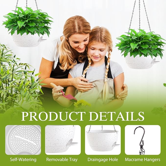12 Inch Hanging Baskets 2 PC with Chains, Self-Watering Hanging Planters for Indoor Outdoor Plants, Plastic Hanging Flower Pots,Speckled White