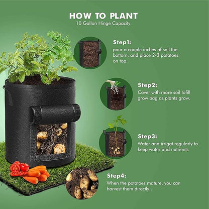 3 Pack of 10-Gallon Potato Planting Bags with Harvest Viewing Window, Thickened Breathable Non-Woven Planters with Handles - Ideal Fabric Planting Containers for Plant Potatoes (Khaki/Green/Black)