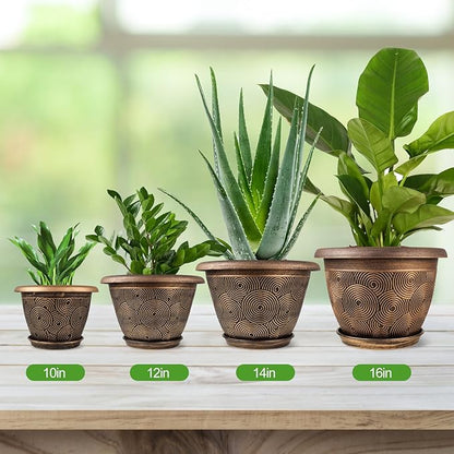 12 Inch Large Planter Pot for Plants Indoor Outdoor, 4 Pack Plastic Flower Pots with Drainage Hole & Tray, Modern Decorative Garden Pot with Saucer, Plant Container for House