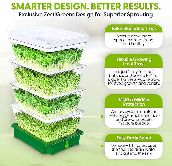 4-Tier Stackable Sprouting Kit with Sink Drain Spout & Ventilated Trays – Modular Seed Sprouter & Microgreens Germination System for Growing Broccoli, Alfalfa & Bean Sprouts.