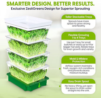 4-Tier Stackable Sprouting Kit with Sink Drain Spout & Ventilated Trays – Modular Seed Sprouter & Microgreens Germination System for Growing Broccoli, Alfalfa & Bean Sprouts.