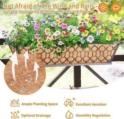Riare 2 Pack 24 Inch Window Boxes Planters with Coco Liner, Metal Deck Railing Planter Boxes, Balcony Planters Railing Hanging, Horse Trough Window Flower Planter Boxes for Outdoor Porch Fence Patio