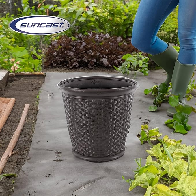 Suncast Sonora 4 Pack 22 Inch Plastic Wicker Indoor or Outdoor Decorative Garden Flower Planter for Entryways, Porch, and Backyard Patios, Dark Brown