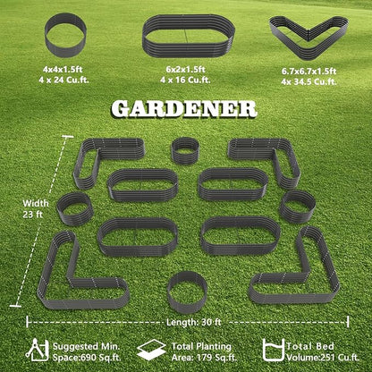 A ANLEOLIFE 12-Pack Galvanized Raised Garden Beds Outdoor, 18" Deep Modular Metal Planter Box Kit, Whole Backyard Farm Garden System with Oval Heart & Round Beds for Vegetable & Flowers, Quartz Grey