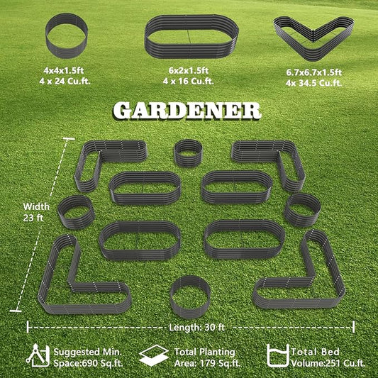 A ANLEOLIFE 12-Pack Galvanized Raised Garden Beds Outdoor, 18" Deep Modular Metal Planter Box Kit, Whole Backyard Farm Garden System with Oval Heart & Round Beds for Vegetable & Flowers, Quartz Grey