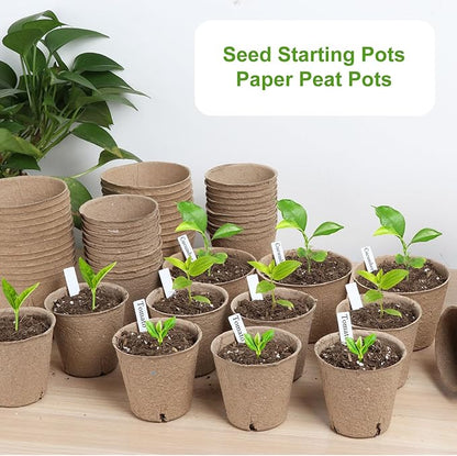 131 Pcs Organic Peat Pots, 3.15 Inch Nursery Pot, Round Plant Seedling Pots with Drainage Holes, Small Seed Starting Starter Tray Bulk, Garden Germination Container with 131 Planting Labels