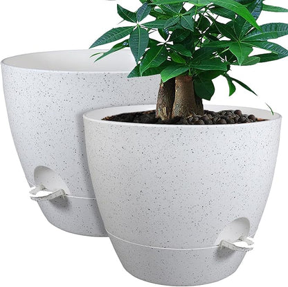 12inch 2Pack Large Self Watering Planters, Plastic Plant Pots with 60oZ Removable Deep Reservoir and Multi Mesh Drainage Holes for Indoor Outdoor Garden Plants and Flowers, White Speckles