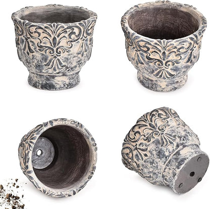 Sungmor 7.3 Inch Cement Plant Pot for Plants, Succulent Planter with Embossed Design, Vintage Concrete Flowerpots with Drainage Hole, Decorative Orchid Houseplant Pot Indoor Outdoor Plant Container