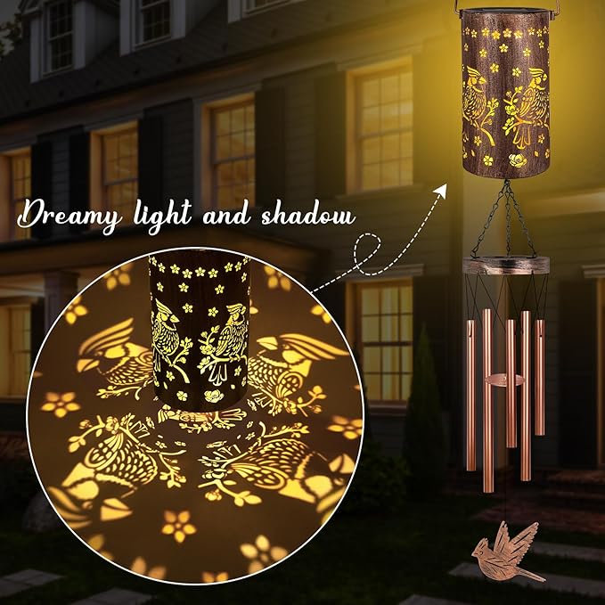 YHmall Cardinal Wind Chimes for Outside, Solar Hanging Lights Windchimes Outdoor Cardinal Gifts for Women, Mom, Memorial Wind Chimes Garden Decor as Gifts for Women