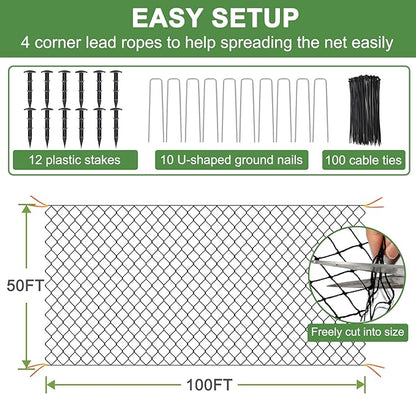 Bird Netting - 50’ x 100’ Garden Net with 1” Square Mesh Protect Fruit Trees from Poultry and Deer, Heavy Duty Garden Netting as Fruit Net, Aviary Netting for Farm, Orchard
