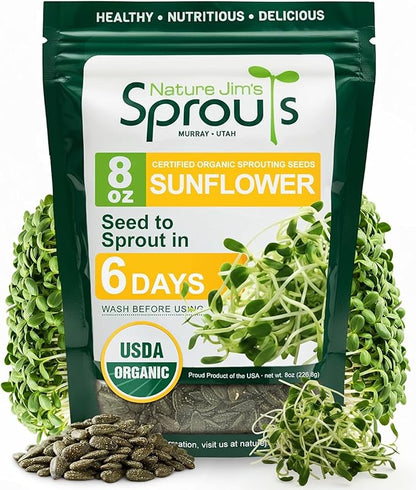 Nature Jims Organic Sunflower Seeds for Sprouting – Non-GMO, Premium Sunflower Microgreen Seeds – Nutritious, Fast Growing Sprouts & Easy to Plant – Ideal for Fresh Salads, Soups, & Smoothies – 8 Oz