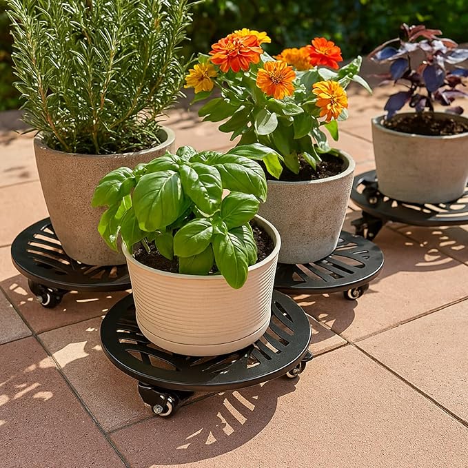 2 Packs Large Metal Plant Caddy with Wheels 14 Inches Heavy-Duty Wrought Iron Rolling Plant Stands with Casters Indoor and Outdoor Plant Pot Roller Base Plant Saucer Movers Black