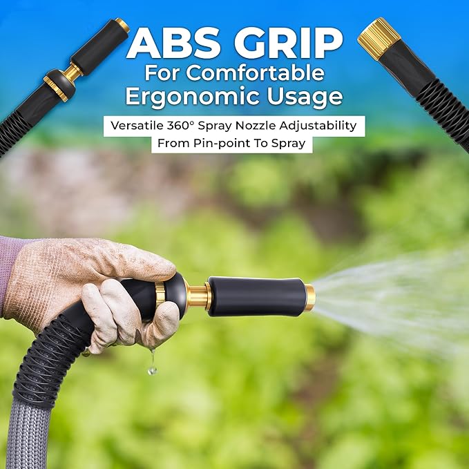 TITAN Garden Hose | Flexible, Lightweight, Kink-Free & Durable Hybrid Water Hose with Heavy Duty Brass Connectors & High-Pressure Jet Nozzle (50FT x 1/2”)