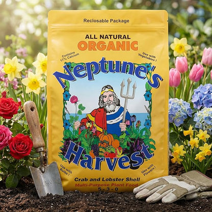Neptune’s Harvest Organic Crab & Lobster Shell Multi-Purpose Plant Food (5-3-0) - 12 LB Resealable Bag - Rich in Nutrients Soil Fertilizer - Plant Food for Lawns, Gardens, and Vegetables
