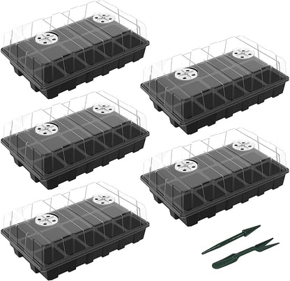 Gardzen 5-Pack Seed Starter Kits, Reusable Plant Germination Trays with Total 75-Cell, Seed Starter Tray with Humidity Vented Domes and Bases for Starting Vegetable Flower Herb Seeds 15" x 9"
