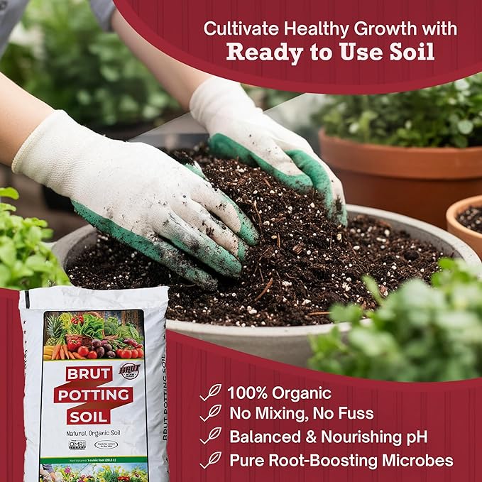 Brut Organic Potting Soil – 1CF, Premium Plant Soil with Organic Worm Castings, Trace Minerals & Perlite – Chemical-Free, Filler-Free – Ideal Potting Mix for Indoor & Outdoor Plants – 6pck