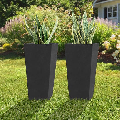 Kante 24.4" H Concrete Tall Tapered Planter Set of 2, Large Outdoor Indoor Garden Plant Pot with Drainage Hole and Rubber Plug Home and Patio, Burnished Black Finish
