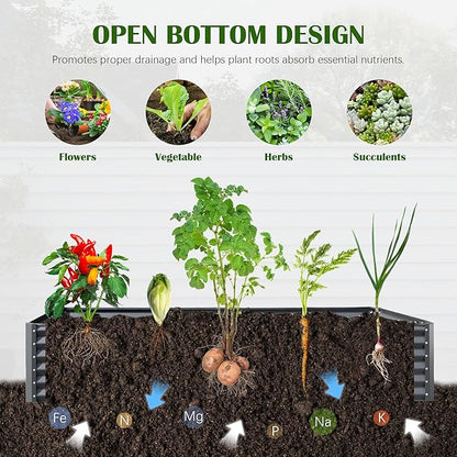 Domi 8x4x1.5ft Metal Raised Garden Beds Outdoor, Thickened Galvanized Steel Deep Root Planter Box with Stabilizing Bars & Rubber Edging for Vegetables, Flowers, Herbs - Dark Gray