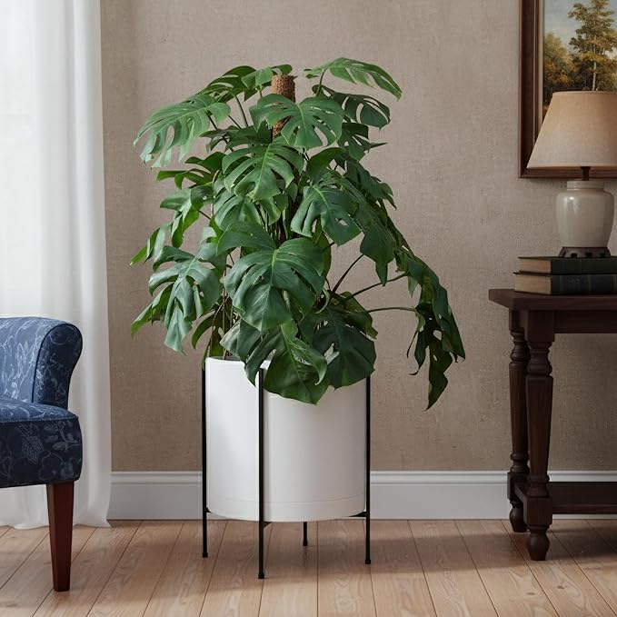 D'vine Dev 16 Inch White Planter Pot with Stand – Modern Plastic Cylinder Flower Pot with Heavy-Duty Metal Stand for Indoor Plants, 55-D-A-5