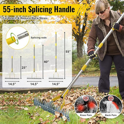 Garden Leaf Rake,Dual Function Thatching Rake for Lawn Dead Grass Leaves, Stainless Steel Heavy Duty 69” Lawn Dethatcher with Sharp 19 Tines, Fast Weeds, Leaf, Thatch, Dead Grass Removal Garden Tool