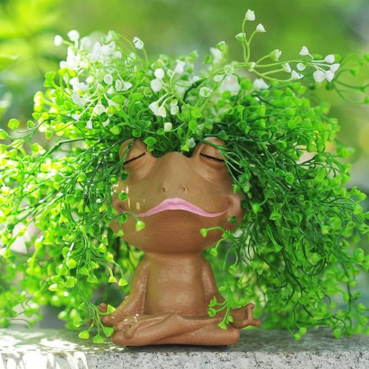 Face Planters Pots Head Yoga Frog Resin Plant Pot with Drainage Hole(Brown-A)