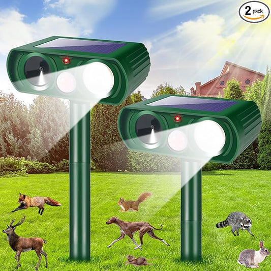 Upgraded Ultrasonic Solar Animal Repellent Outdoor Deer Repellent Devices Cat Deterrent Motion Detection Strobe Light IP65 Waterproof Repeller for Squirrel Racoon Dog Rabbit,Garden Yard,2 Pack