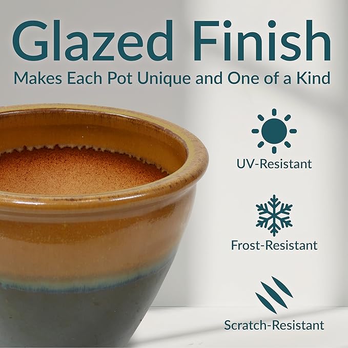 Sunnydaze Large Ceramic Plant Pot - Round Outdoor Glazed Ceramic Planter Pot with Drainage - Chalet - Forest Lake Green - 14.5"