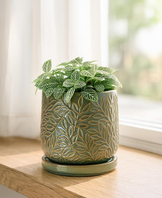 D'vine Dev 4 Inch Embossed Leaves Stoneware Planter Pot with Drainage Hole and Saucer, Olive, 27-A-Z-0
