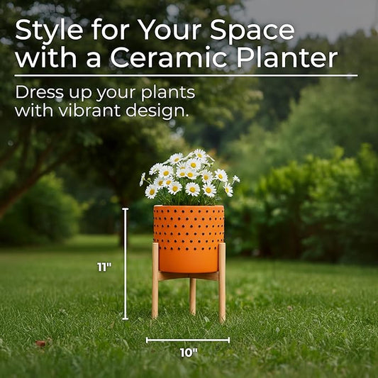 Dotted Decorative Planter Pot with Wood Stand – Vibrant Ceramic Stoneware Outdoor and Indoor Plant Pot – Modern Garden and Home Decor Planters – 10" x 11", Orange