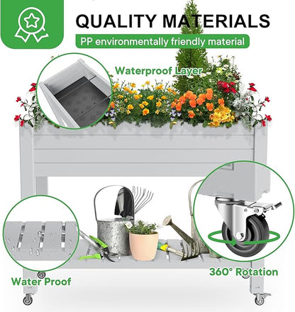 Raised Garden Bed with Legs, 33.66" Tall Self-Watering Resin Planter Box with Lockable Wheels Drainage Plug and Gauge for Vegetables, Flowers, Storage Shelf for Tools and Accessories (Ashen)