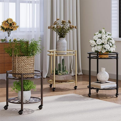 2 Tier Rolling Plant Stand with Wheels, Mid Century Modern Metal Stand for Planters, 2 Sizes 9 Inch & 11 Inch, Indoor Outdoor Movable Flower Pot Holder for Decor Home Garden Patio Load Bearing 165 LB 2 Pack Coffee