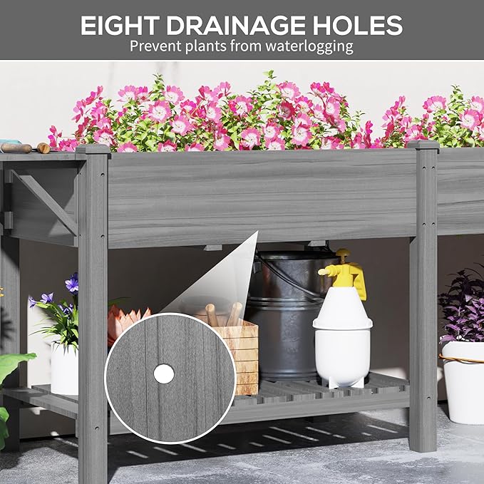 Outsunny Raised Garden Bed, Wood Elevated Planter Box with Side Table, Bottom Shelf, Outdoor Raised Planter with Bed Liners, Drainage Holes for Vegetable Flower, 81.5 x 23 x 31 in, Gray