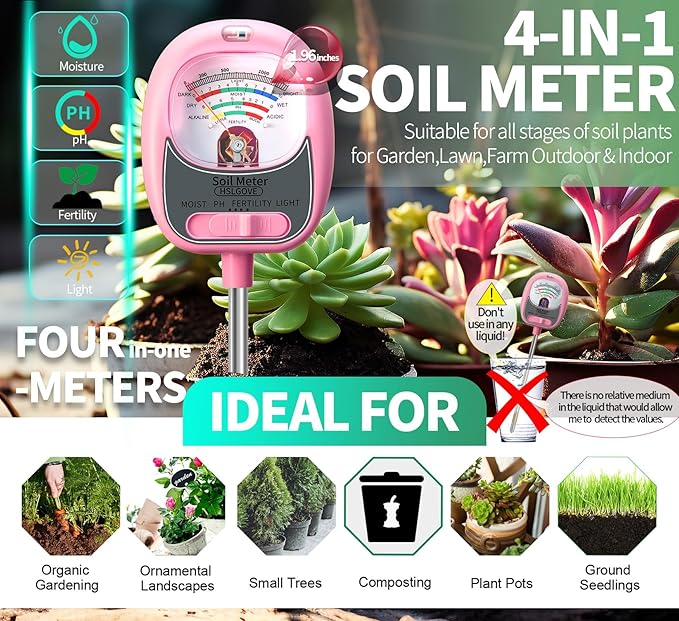 HSLGOVE 4-in-1 Soil Test Kit – Soil Moisture Meter, pH, Fertility & Sun-Light, No Battery Required, Large Dial Soil Tester for Indoor & Outdoor Gardening, Lawn, Farm –Rose Pink