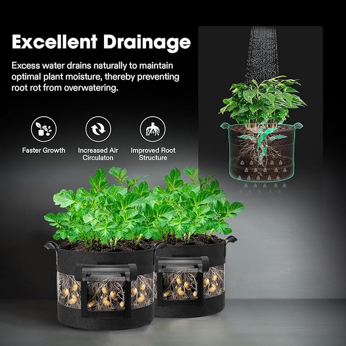 VIVOSUN 5-Pack 10 Gallon Potato Grow Bags, Thick Fabric Pots with 360 Visibility & Harvest Window, Black