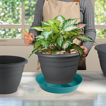 4 Pack Plant Saucer 14 inch, Plastic Plant Saucers for Indoors, Raised Middle Plant Trays for Pots, Water Tray for Plants, Plant Stand Water Catcher Tray, Pot Saucers for Plants